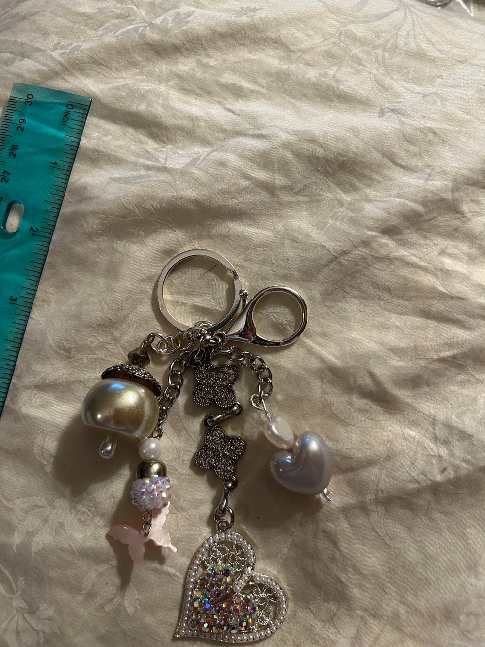 Silver Tone Heart & Pearl Dangle Keychain Charm